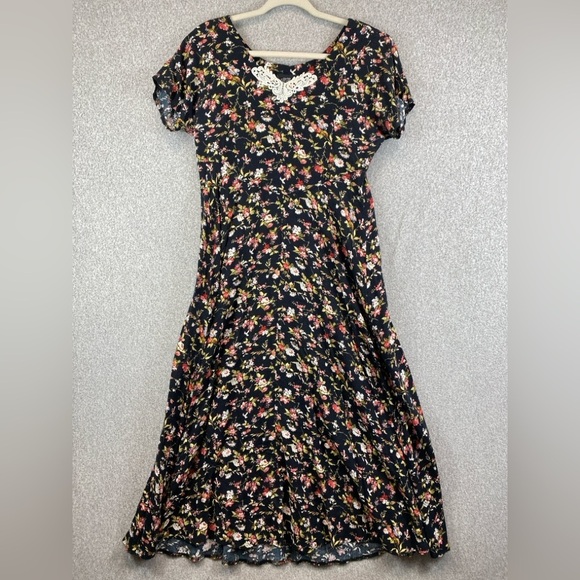 Vtg 90’s maxi dress 7/8 cinched waist clip cottagecore ditsy floral Friends - Picture 1 of 9